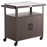 Feasto Outdoor Grill Cart with Stainless Steel Tabletop and Storage Cabinet, Movable Kitchen Island with Wheels for BBQ Food Prep, Brown