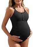 Summer Mae Maternity Swimsuit One Piece Bathing Suit Button Neck Cross Back Black L