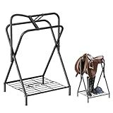 Dunatou Foldable Saddle Rack with Bottom Storage Shelf – Heavy Duty Horse Saddle Stand for English & Western Saddles, Portable Blanket Holder & Saddle Pad Rack for Tack Room, Barn & Trailer, Black