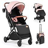 BABY JOY Lightweight Stroller, Compact Travel Stroller with One-Hand Fold, Adjustable Backrest, Canopy, Cup Holder, Footmuff & Storage Basket for Toddlers (Pink)
