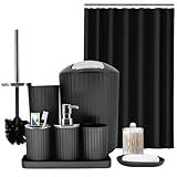 Black Bathroom Accessories Set, 9-Piece Bathroom Accessory Sets Complete with Trash Can, Shower Curtain, Vanity Tray, Soap Dispenser, Soap Dish, Toothbrush Holder, Toothbrush Cup and Toilet Brush
