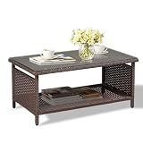 VINGLI Outdoor Wicker CoffeeTable Patio Coffee Tables for Outside, Tempered Glass Top Wicker Table with Storage Coffee Table for Patio Balcony Porch Deck (Brown)