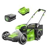 Greenworks 80V 21" Brushless Cordless (Push) Lawn Mower (LED Headlight + Aluminum Handles), 4.0Ah Battery and Rapid Charger Included (75+ Compatible Tools)