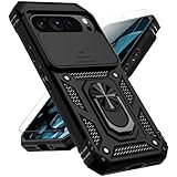 for Google Pixel 9 / Pixel 9 Pro Case with Slide Camera Cover HD Screen Protector [Military Grade Drop Tested] Magnetic Ring Holder Kickstand Protective Phone Case for Google Pixel 9/9 Pro, Black