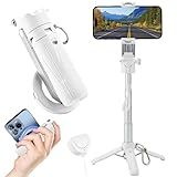 MQOUNY for Magsafe Tripod Stand for iPhone,Portable Pocket Size Selfie Stick with Rechargeable Remote and Metal Ring,Extendable Detachable Cell Phone Tripod Compatible with iPhone/Android (White)