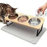 Elevated Cat Bowls with Silicone Mat – 3 Stainless Steel Bowls, 15° Tilted Bamboo Stand Feeding Station for Indoor Cats & Puppy, Anti Vomiting, Whisker Fatigue Relief & Healthy Digestion