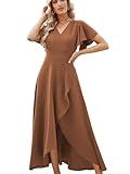 Formal Dresses for Women,Gowns Evening Party Cocktail Dress,Long Split Elegant V Neck Wrap Ruffle Wedding Guest A-line Dresses Coffee-L
