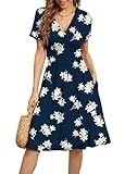 WEACZZY Women Summer Casual Short Sleeve Dresses V-Neck Floral Sundress with Pockets,Floral Navy Lily,M