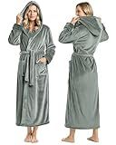 NY Threads Premium Womens Robe with Hood, Plush Fleece Long Bath Robe for Women, Fluffy Soft Women's Bathrobe, Medium, Steel Grey
