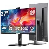 Thinlerain 27 Inch Monitor with Pop-Up Webcam - 2K 2560 x 1440 IPS Computer Monitor, 100Hz Vertical Gaming PC Screen, Built-in 3MP Webcam & Microphone, HDMI, DisplayPort, Display for Office Home Work