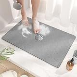 HITSLAM Shower Mat with Center Drain Hole, 24 x 16 Inch Non Slip Bath Mat for Textured Tub, Soft Loofah-Style Bathtub Mat Without Suction Cup, Quick Drying Stall Floor Mat, Bathroom Accessories, Grey