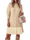 Saodimallsu Womens Cable Knit Sweater Dress Patchwork Pleated Long Sleeve Crewneck Fall Chunky Preppy Mini Dresses Khaki