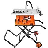 VEVOR Table Saw with Stand, 10-inch 15-Amp, 25-in Max Rip Capacity, Cutting Speed up to 5000RPM, 40T Blade