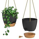 ZMTECH 10 Inch Hanging Planters for Indoor Outdoor Plants, 2 Pack Self Watering Hanging Plant Pots with Drainage Holes and Removable Saucer, Plastic Flower Hanging Pots with Watering Lip (Black)