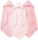 Muslin Hooded Baby Bath Towels - 3 Pack 100% Cotton Ultra-Soft Towels for Newborns, Infants, Toddlers - 32x32 Inch - Highly Absorbent, Quick-Dry Essentials for Bath Time, Beach, Pool, Pink Series