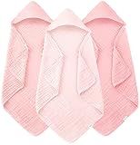 Muslin Hooded Baby Bath Towels - 3 Pack 100% Cotton Ultra-Soft Towels for Newborns, Infants, Toddlers - 32x32 Inch - Highly Absorbent, Quick-Dry Essentials for Bath Time, Beach, Pool, Pink Series