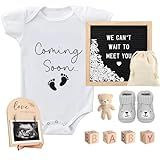 9 Pcs Pregnancy Announcements Set, Include Felt Letter Board Baby Bodysuit Shoes and Wooden Sign Surprise Announcement for Grandparents Partner Gift Family Reveal(White Coming soon-grey shoe)