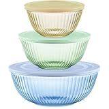 Pyrex Colors Tinted (3-Pack, Full Set) Sculpted Tinted Glass Mixing Bowls With Plastic Lids, Nesting Space Saving Set of Bowls For Prepping and Baking, 1.3QT, 2.3QT & 4.5QT
