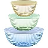 Pyrex Colors Tinted (3-Pack, Full Set) Sculpted Tinted Glass Mixing Bowls With Plastic Lids, Nesting Space Saving Set of Bowls For Prepping and Baking, 1.3QT, 2.3QT & 4.5QT