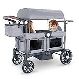 Kinder King Folding Wagon Stroller for 2 Kids, All-Terrain Baby Stroller Wagon Outdoor, Removable Canopy 2 Seater, Adjustable Handle, Shock-Absorbing Wheel, Detachable Tray, Parent Organizer, Gray