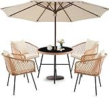 Thinlute 5 Piece Patio Dining Table Set with Umbralle Hole, Rattan Outdoor Furniture Set, 4 Cushioned Chairs & Glass Table for Lawn, Deck, Backyard, Garden, Porch