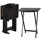 Amazon Basics Portable TV Dinner 4-Pack Rectangular Folding Tray Table with Storage Rack, Black, 15" x 19" x 26"