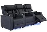 Airadlis Home Theater Seating Top Grain Leather, Movie Theater Chairs Theater Recliner Sofa with Dual Power Ergonomic Design 7 Colors Ambient Lighting Tray Table Type-C USB Charge (Black, Row of 3)