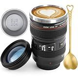 Tmango Camera Lens Coffee Mug with Clear Lid and Spoon – Lightweight Lens Cup Replica, Gift for Photographers