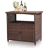 VINGLI Wicker Outdoor Bar Cart with Storage & Rolling Wheels, Patio Bar Table w/Shelf, Outdoor Storage Cabinet Buffet Cabinet Grill Cart for BBQ Pool Patio Kitchen, Brown