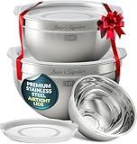 Baker's Signature Stainless Steel Mixing Bowls With Lid, Metal Mixing Bowl Set Of 3, Nesting Set For Food Prep, Baking,Storage, Cooking, Serving | Dishwasher Safe, Silver, 1.5/3/5 Qt
