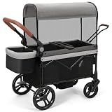 ELEMARA All-Terrain Stroller Wagon for 2 Kids, Foldable Kids Wagon Stroller Includes Removable Canopy,Mosquito net, Adjustable Push＆Pull Handle,Snack Tray & Cup Holders, Storage Basket, Grey+Black