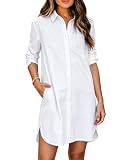 Aoudery Women Business Button Down Shirt Dresses with Pockets Casual High Low Dress - A_a White M
