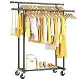 HYSEYY Double Rods Clothes Rack, Rolling Clothing Rack for Hanging Clothes Portable Wardrobe Rack, Metal Garment Rack Sturdy Coat Rack for Bedroom Laundry Living Room, Black