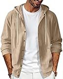 TAFLE Mens Linen Long Sleeve Button Down Shirts with Pockets Casual Hawaiian Beach Shirts Lightweight Fashion Hoodies Overshirt Jacket Khaki