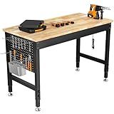 CAMMOO 48" Adjustable Heavy Duty Workbench, 2000 LBS Load Capacity Rubber Wood Work Table with Pegboard, Power Outlets, Work Bench for Garage, Workshop, Office, Home, Commercial