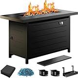 Ciays 43″ Propane Fire Pit with Glass Beads & Lid, 60,000 BTU CSA-Certified Gas Fire Pits with Cup Holders, Hanging Shelf & Nylon Cover, Large Fire Pit Table for Patio/Porch/Deck, Black