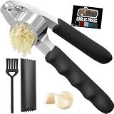GORILLA GRIP Garlic Press and Peel Set, Heavy Duty Mincer Tool, Large Ergonomic Handle, Easily Mince and Crush Garlics, Ginger, Nuts, Seeds, Peeler Included, Peeling Cloves, Kitchen Gadgets, Black