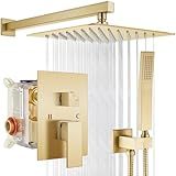 gotonovo Rainfall Bathroom Shower System Rain Shower Head and Handle Set Wall Mounted Shower Complete Combo Solid Brass Pressure Balancing Shower Mixer Valve 10 Inch Brushed Gold