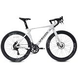Lukstr Road Bike, 700C Integrated Racing Bike, Full Aluminum Frame Disc Sport Bike, 14 Speed City Commuter Bicycle, Urban Street Bike for Men Women (Frame Size 49CM, White)