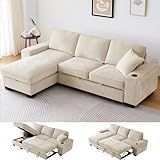 ASHOMELI 99" Convertible Sleeper Sofa Bed,L Shaped with Storage Chaise Pull Out Couch for Living Room,USB and Type-C,Removable Washable Chenille Covers (Beige)
