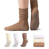RTZAT 3 Pairs Pilates Socks for Women with Grip Non-Slip Grippy Yoga Slouch Barre Workout Long Slipper Socks, Cream+Khaki+White, Large