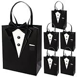 Crisky 6 Pack Classic Black 3D Tuxedo Gift Bags Real Bow Tie, Buttons for Groomsman Father's Birthday Anniversary Wedding Favor 10" x8" x4"