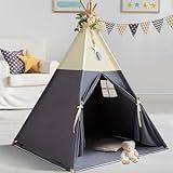 RONGFA Teepee Tent for Kids, 100% Cotton Play Tent with Mat, Kids Teepee Tent with Colored Flag, Quality Portable Play Tent with Carry Bag for Girls and Boys Indoor Outdoor (Beige Gray with Mat)