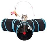 Tempcore Pet Cat Tunnel Tube Toys 3 Way Collapsible, Tunnels for Indoor Cats, Interactive Tube with Teaser Wand, Peek Holes & Hanging Ball, Black & Blue