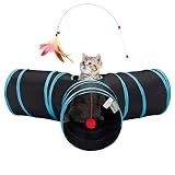 Tempcore Pet Cat Tunnel Tube Toys 3 Way Collapsible, Tunnels for Indoor Cats, Interactive Tube with Teaser Wand, Peek Holes & Hanging Ball, Black & Blue