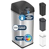 iTouchless 13 Gallon Patented Sensor Trash Can with Lid & Odor Filter, Original Inventor 50L Automatic Kitchen Garbage Bin, Fingerprint-Proof Stainless Steel, Pet-Proof Lock, Soft-Close, Silver