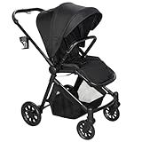 Lightweight High-View Baby Stroller, One-Hand Fold & Compact Storage, 360° Rotatable Seat, 2 in 1 Design for Newborn, 5-Point Safety Harness, One-step Dual Brakes, Rubber Shock-Absorbing Wheels, Black