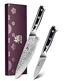 KYOKU Knife Set, 2pc Japanese Kitchen Knife Set for Cooking, 8" Chef 3.6" Paring Knife with Sheath Gift Box, Professional Sharp Damascus Stainless Steel Knives for Meat Vegetable Fruit