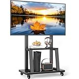 Rfiver Mobile TV Cart Rolling TV Stand for 37-75 inch TVs Up to 150lbs, Heavy-Duty Portable TV Stand on Wheels with 2-Tier Wooden Storage Shelves, Height Adjustable, Max VESA 600x400mm, Black