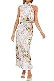 PRETTYGARDEN Women's 2025 Summer Satin Dress Elegant Sleeveless Mock Neck Cocktail Party Maxi Dresses (Print White,Small)
